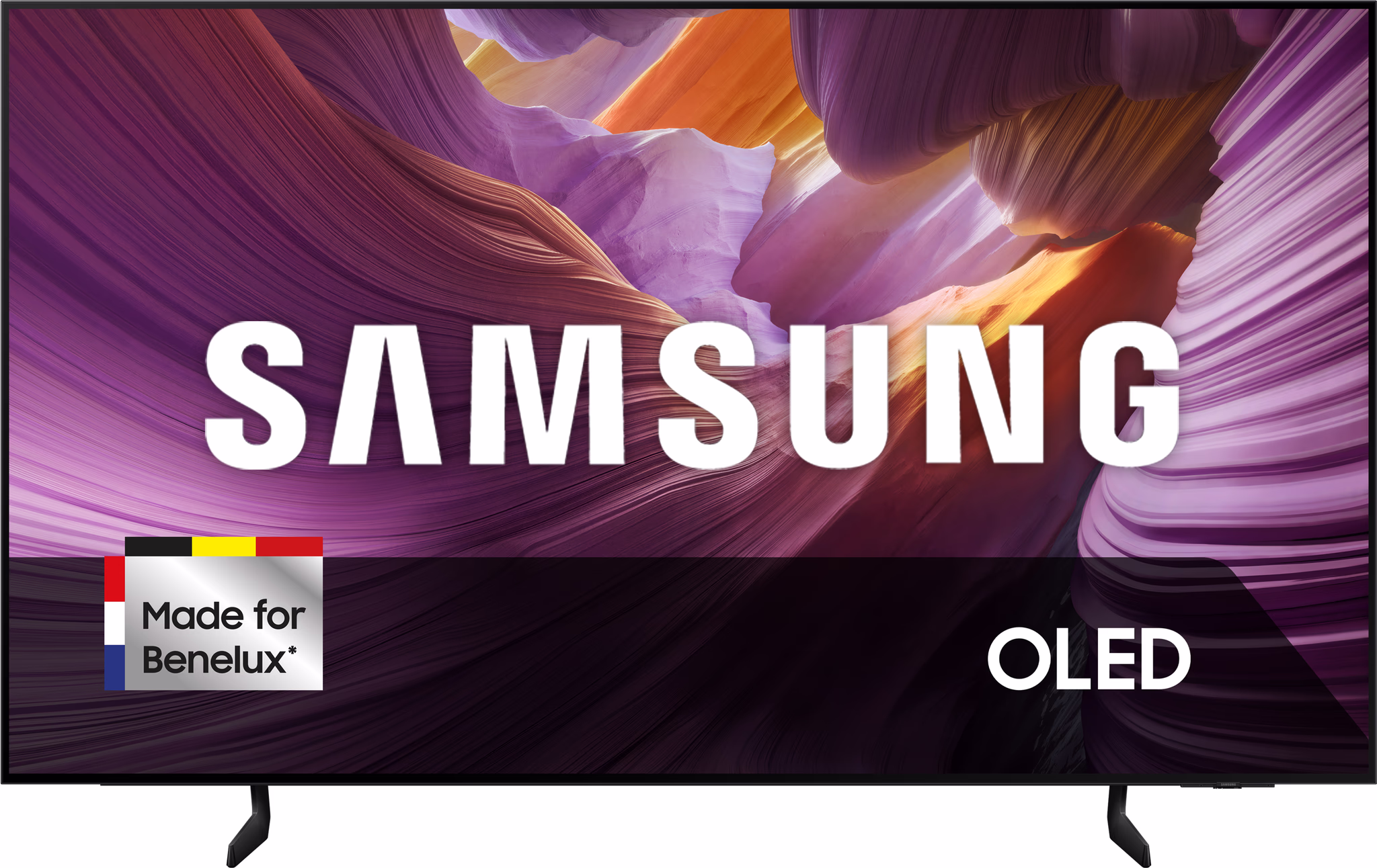 Samsung S85F OLED smart tv in woonkamer met natuurbeelden op scherm