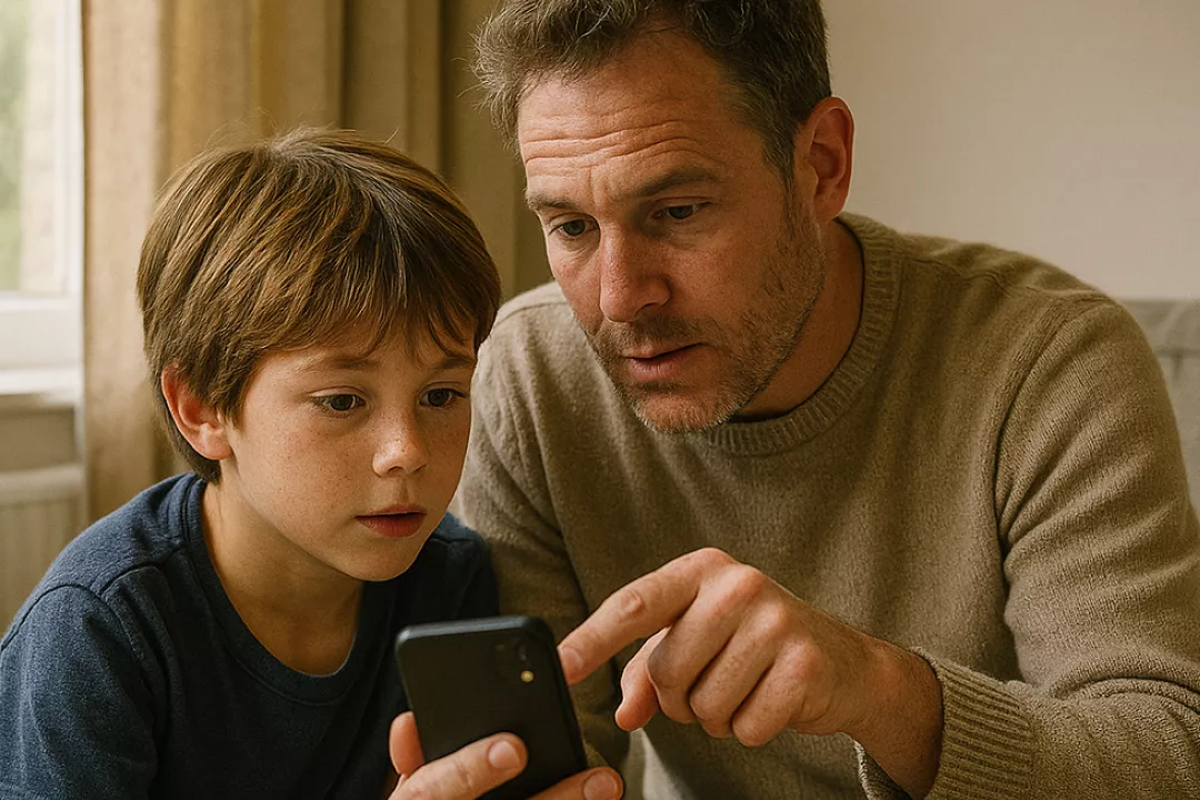 ouder en kind kijken naar GSM